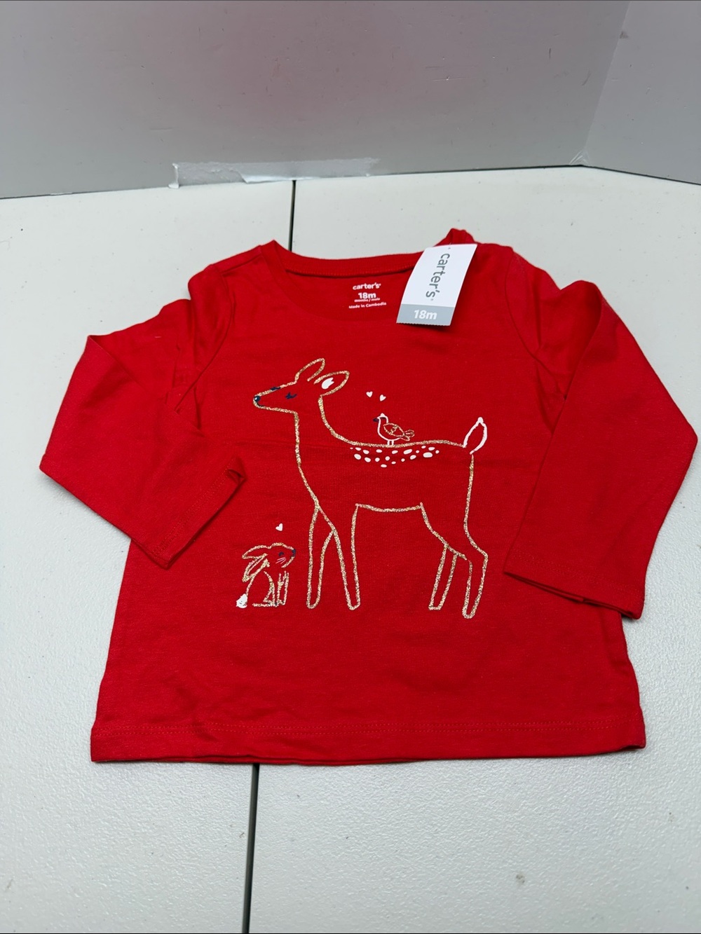 Carter's Red Long-Sleeve Deer & Friends Graphic Top. NWT